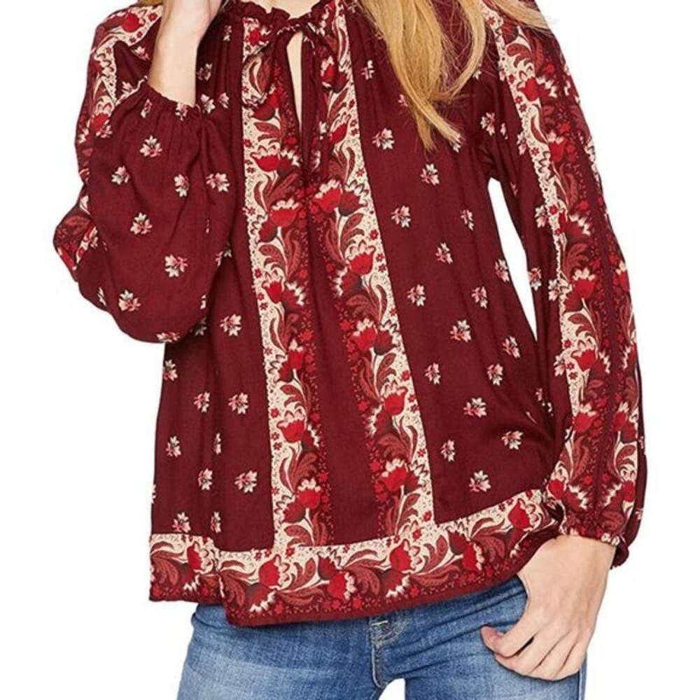 Lucky Brand - Burgundy Floral V-Neck Peasant Top -Small - Picture 1 of 8